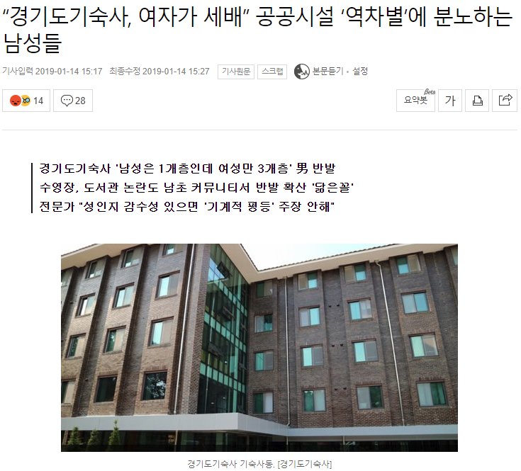 “경기도기숙사, 여자가 세배” 공공시설 ‘역차별’에 분노하는 남성들